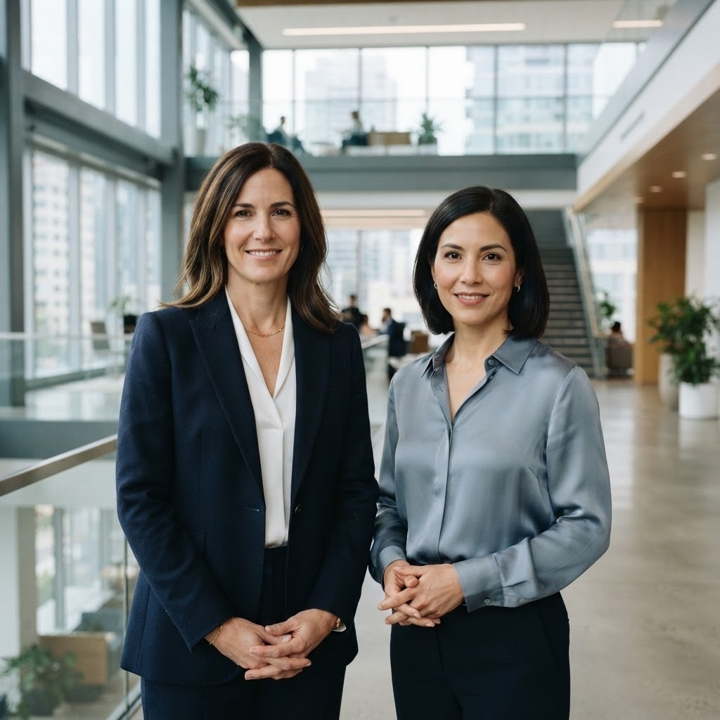 Two Capnora business advisors standing together in a bright modern office